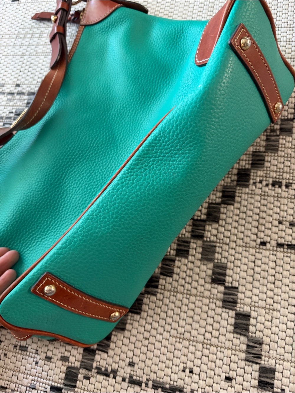 Dooney & Bourke Turquoise Pebbled Leather Shoulder Bag with Brown Trim - Picture 2 of 6